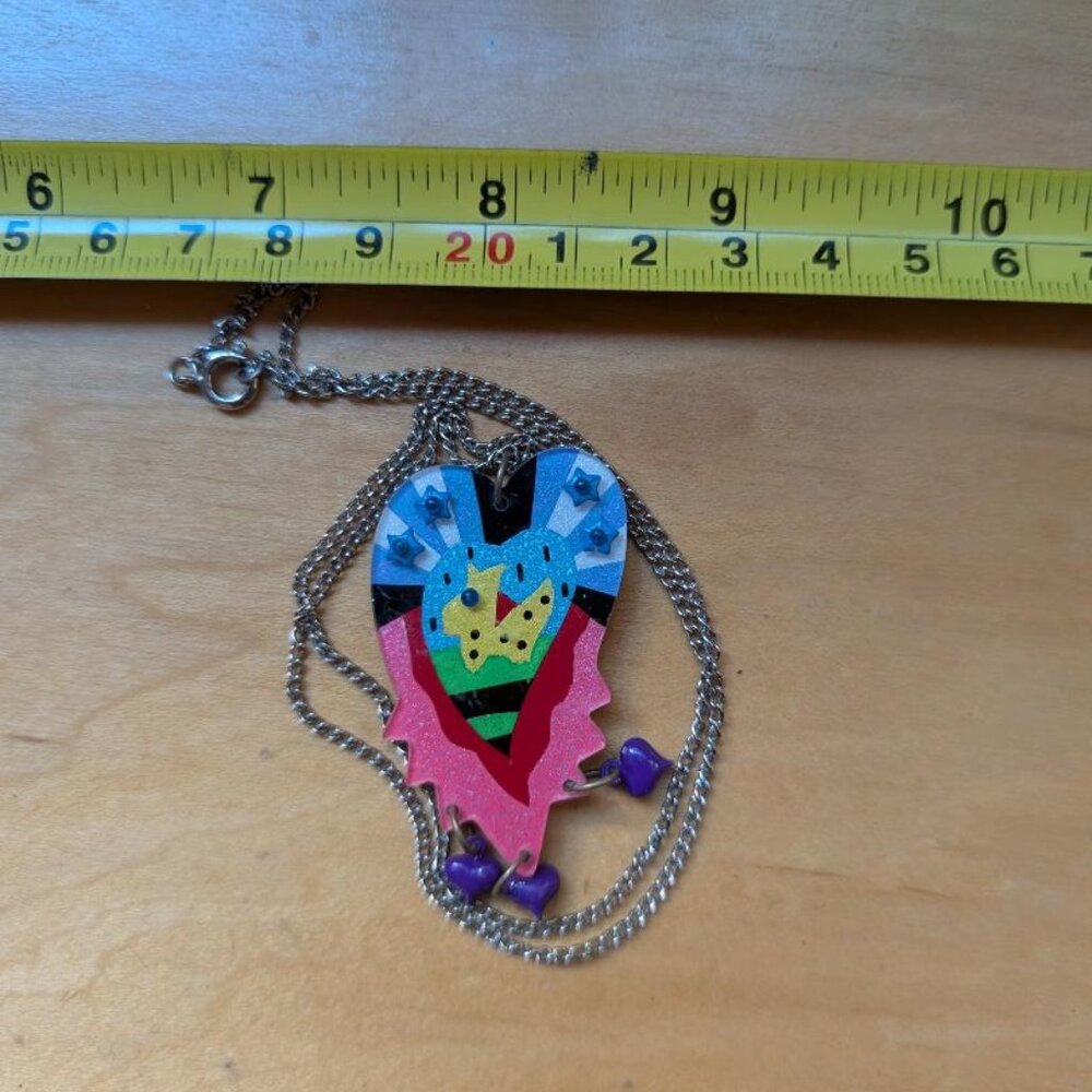 Pretty & Rare Multi-colored Acrylic Heart Pendant Necklace with a Dog in Middle